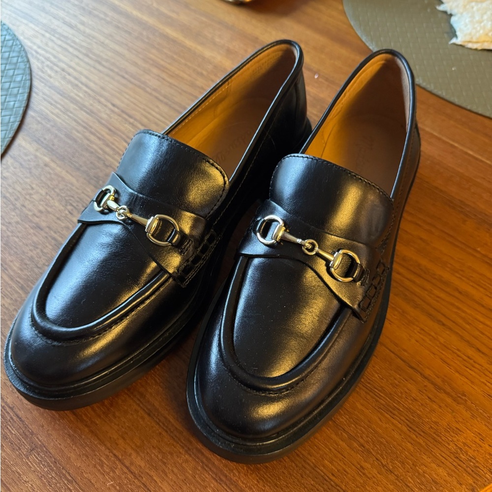 Black Leather Loafers with Silver Buckle 7 women’s